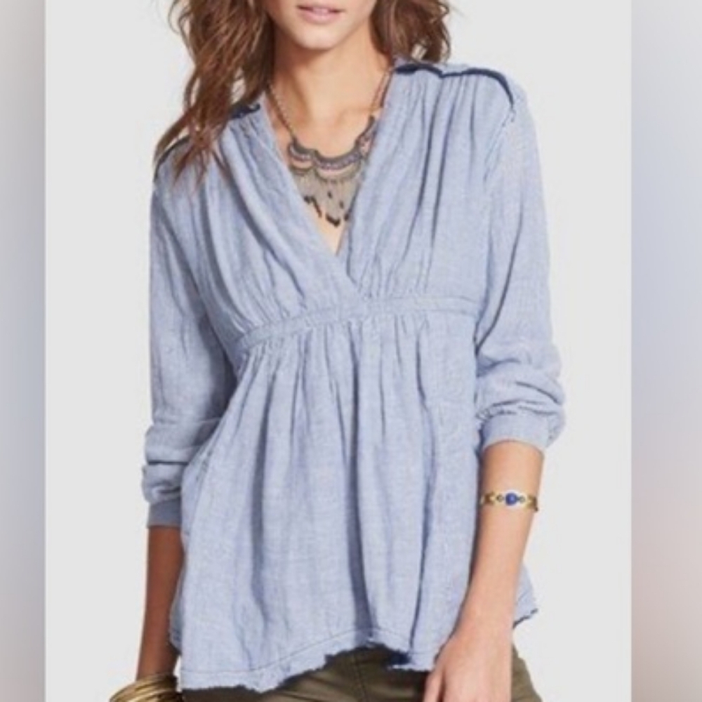 Free People Light Blue Gathered Blouse